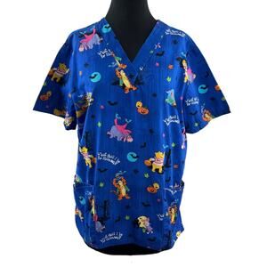 Winnie The Pooh HALLOWEEN The Wonderful World Of Disney Blue Scrub Top Large L